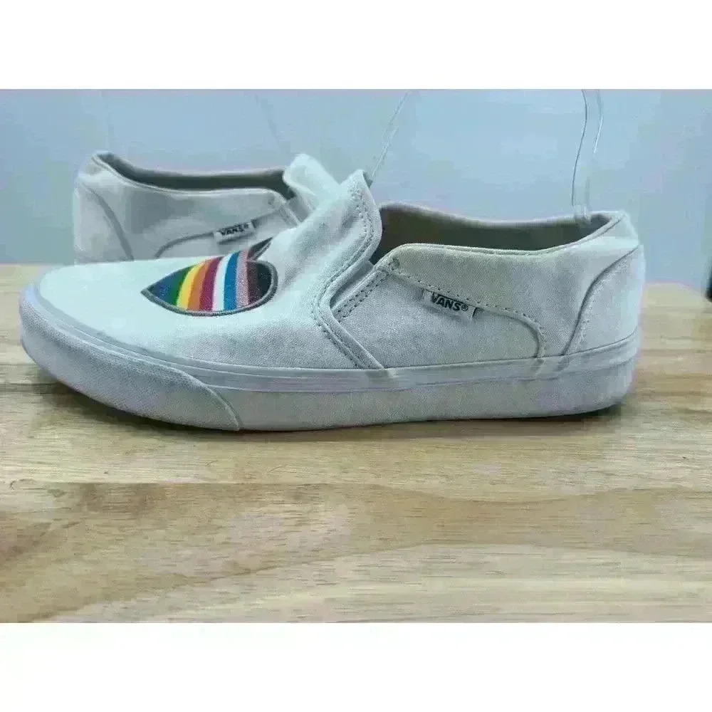 Vans Old School White Slip On Low Top Sneakers w/ Colorful Heart Women's Sz 9.5 - Picture 5 of 9